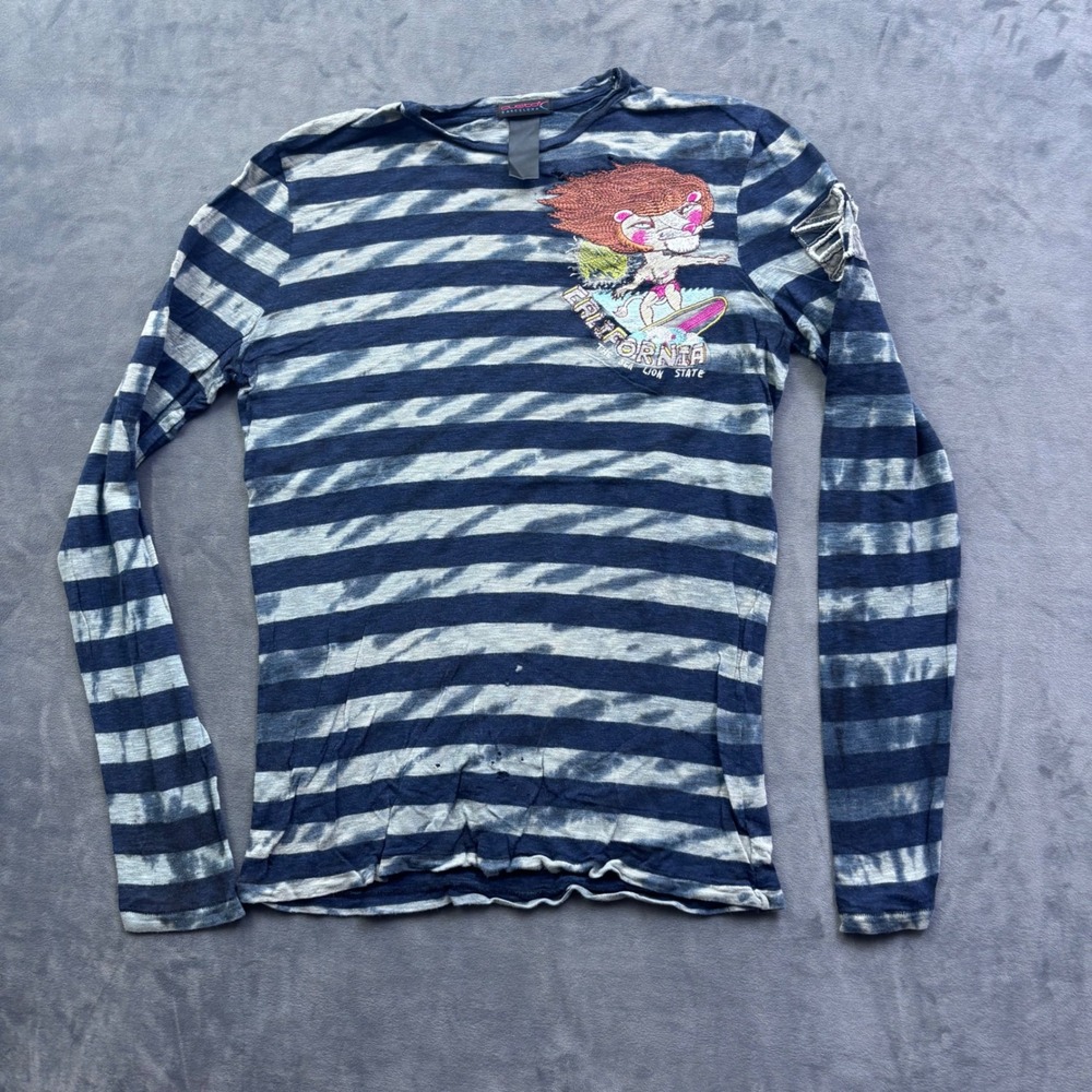 Custo Barcelona Men Striped Long Sleeve California Surfing Lion Graphic Top
